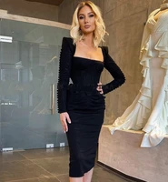 black square long sleeves short prom formal dresses 2022 tea length satin buttons pageant party gown sexy robe de soiree