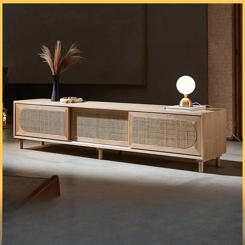 Простой шкаф для телевизора из цельного дерева ротанга в японском стиле шкафчик