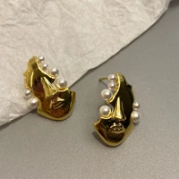 aradoo portrait art natural freshwater pearl stud earrings light luxury 18k gold plated retro style face earrings