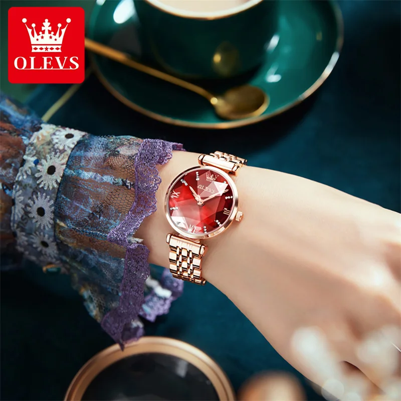 OLEVS Ladies Clock Luxury Rose Gold Red Women Watches Fashion Rhombus Glass Female Quartz Watch Relogio Feminino Zegarek Damski enlarge