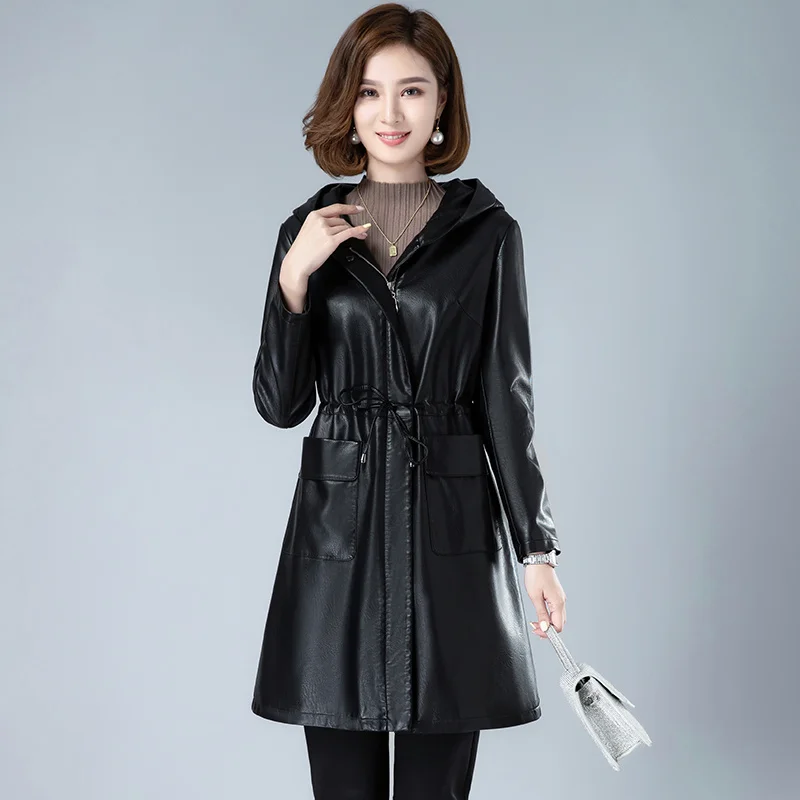Coat New Women Sheepskin Spring Autumn 2023 Casual Fashion Solid Color Hooded Zipper Drawstring Slim Sheep Leather Trench Coat