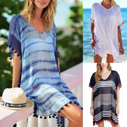 

2022 New Fashion Hot Sexy Womens Beachwear Swimwear Bikini Summer Tassel Kaftan Short Sleeve V Neck Mini Dress