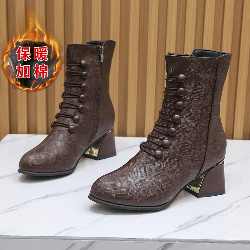 2022 New Arrival Leather Ankle Boots Rubber Riding Women's Shoes Ladies Chunky High Heel Zipper Winter Square Heel Botas Mujer