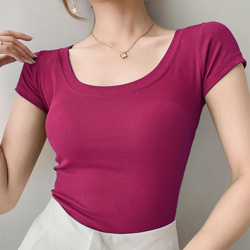

Cotton T Shirt Women Summer New Slim Solid Basic Tees 16 Color Casual Tshirt Korean O Neck Khaki Tops
