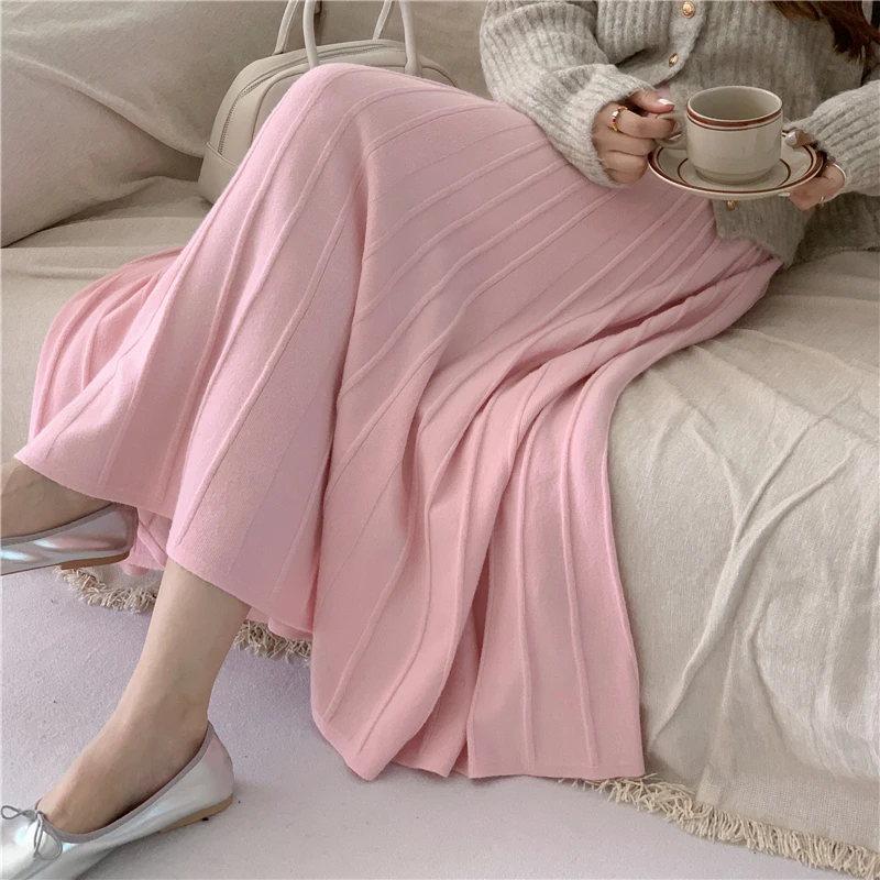 

Женская Длинная вязаная юбка-макси, повседневная однотонная плотная теплая трапециевидная юбка до щиколотки с высокой талией для женщин на осень и зиму 2023