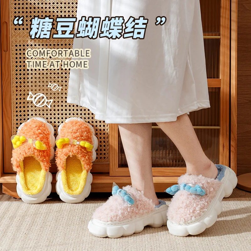 

Тапочки женские/мужские зимние на толстой платформе, водонепроницаемые Нескользящие, плоская подошва, теплые меховые, хлопковые, Мультяшные шлепанцы для дома и девушек