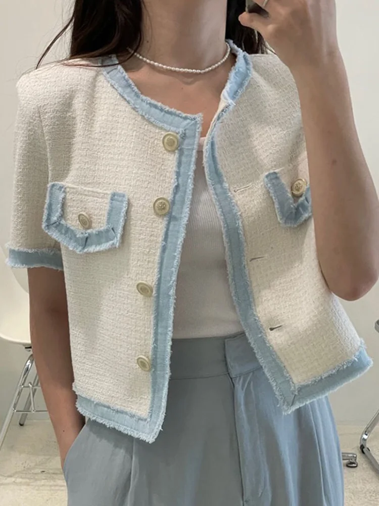 

Tassel Round Collar Contrasted Color Single Breasted Short Coat For Women 2022 Summer Female Fahsion Clothing G782