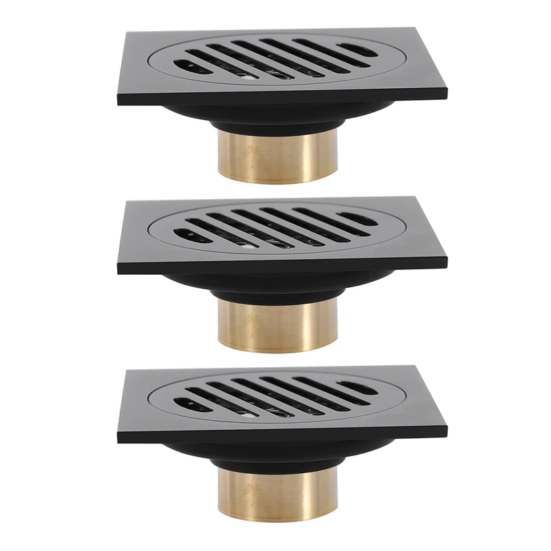 

3X,4 Inch Square Shower Drain With Removable Cover Grate, Brass Anti Clogging And Odor Point Floor Drain Assembly
