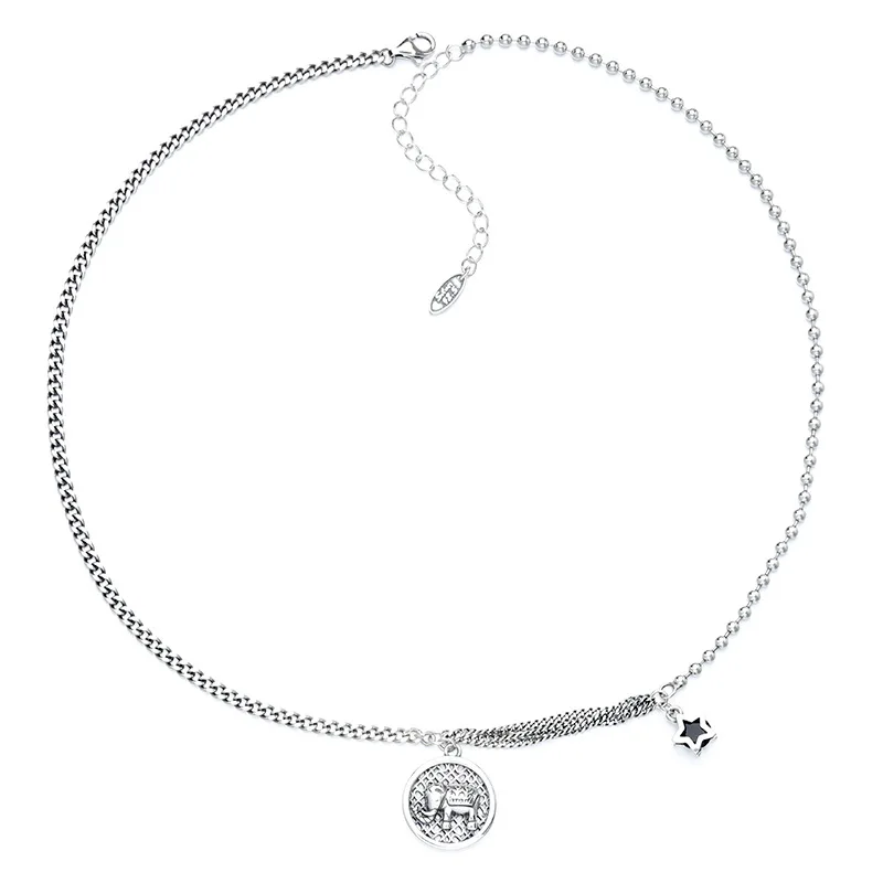 

S925 Sterling Silver Elephant Circle Necklace Korean Women Retro Simple One character Smiley Face Collar Chain
