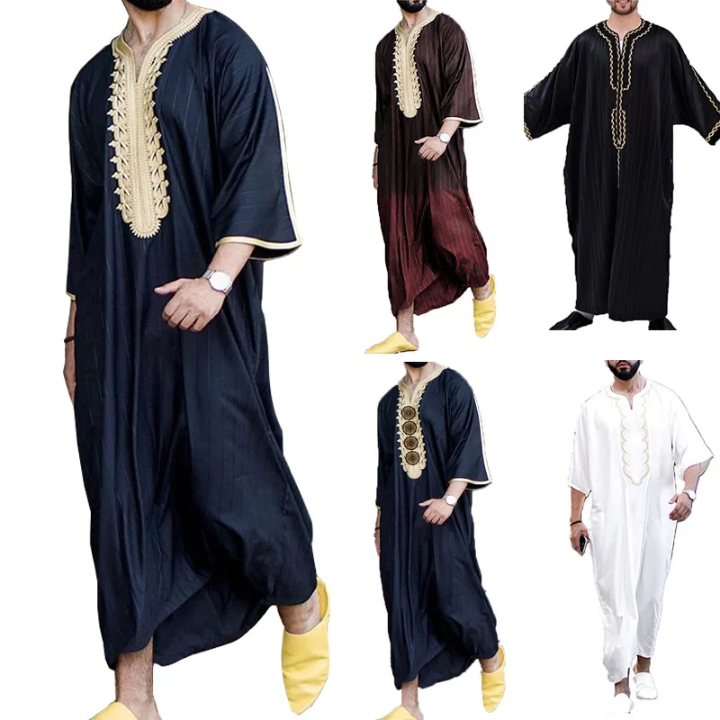 2023 Summer Men's Arab Robe Loose V-neck Short Sleeve Middle Eastern Printed Men Muslim Clothing Men Clothing Jubba Thobe