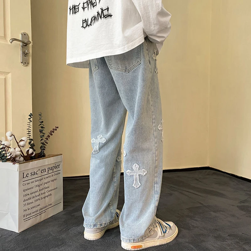 Vintage Wide Leg Jeans Men Fashion Loose Straight Casual Jean Retro Cross Print Trousers 2023 Spring Summer Male Y2k Streetwear