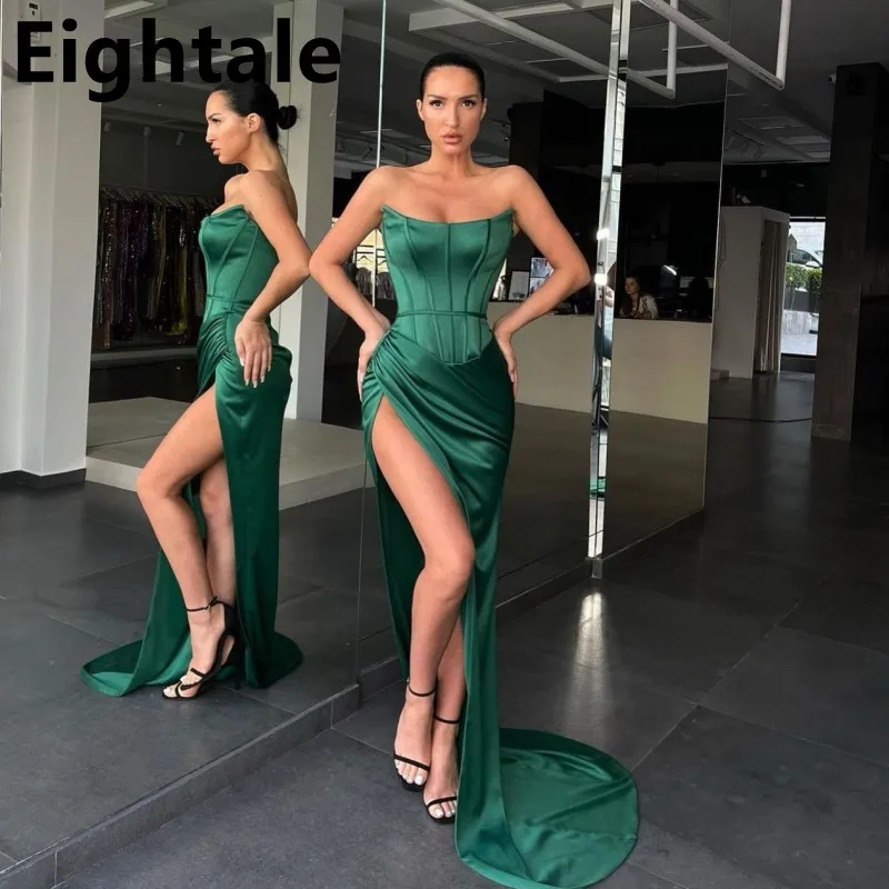 

Eightale 2022 Emerald Green Mermaid Satin Evening Dress Strapless Corset Sexy Side Slit Prom Party Gown Dubai Robe Soirée Femme