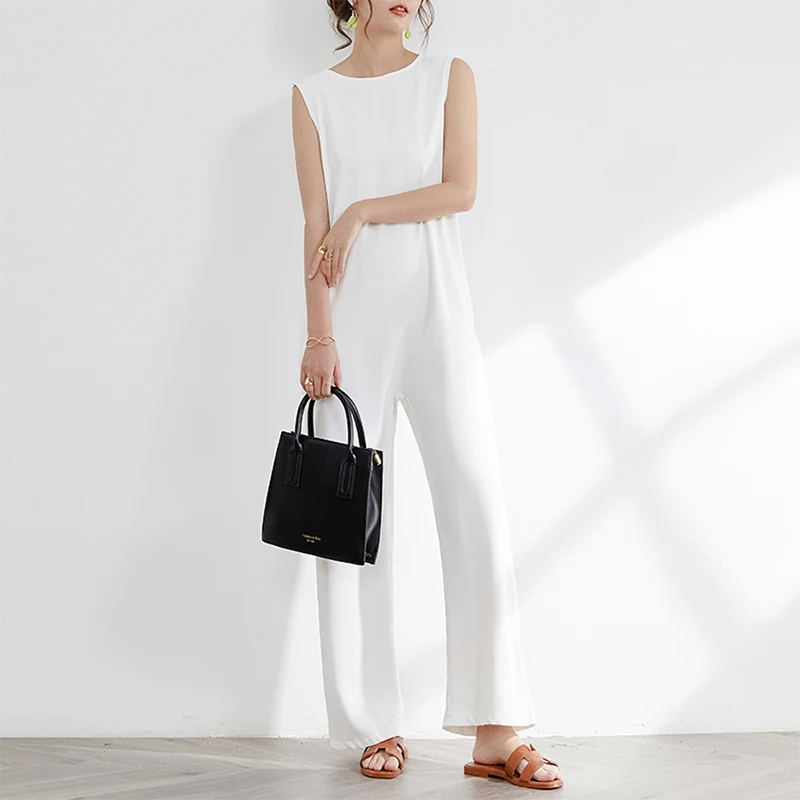

One Piece Pants Plain Casual Backless Full Length Straight Women Jumpsuit White Solid Wide Leg Summer Spring Sleeveless Rompers