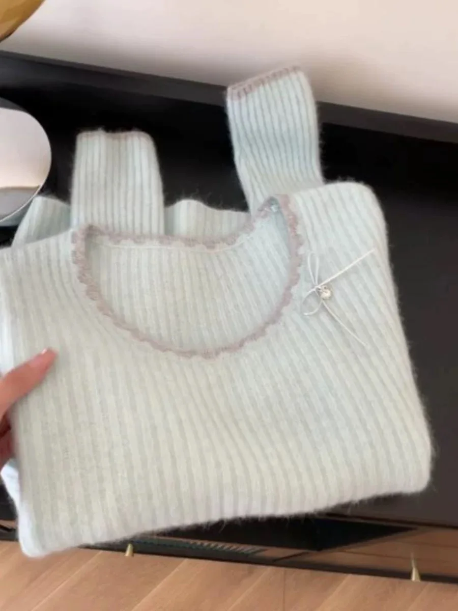 Осень-зима 2024 новый милый вязаный свитер женский пуловер с бантом внутренняя