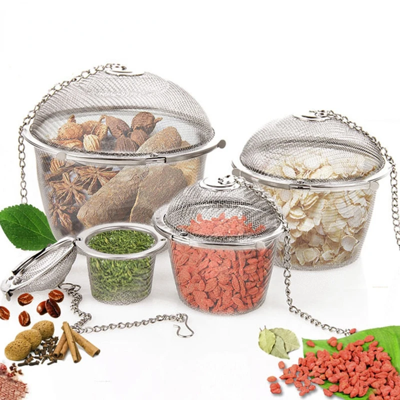 

3 Sizes Spice Seasoning Bag Tea Strainer Chained Lid Stainless Steel Mesh Ball Tea Coffee Filter Basket Infuser Tools