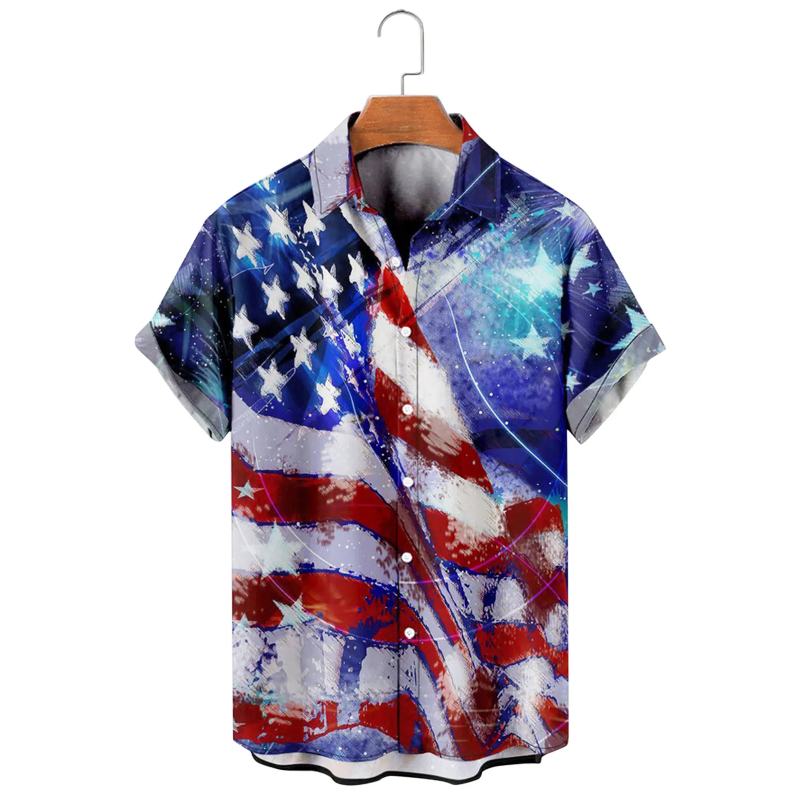 

Men Fashion Shirts Mens Fashion And Leisure Independence Day 3D Digital Printing Buckle Lapel Men Fashion Shirts Mesh Shirt Men