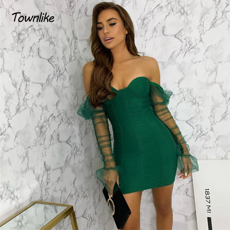 

Long Puff Sleeve Ruffle Mesh Sexy Dress Women Ruched Mini Bodycon Dress Off Shoulder Backless Short Club Party Dresses