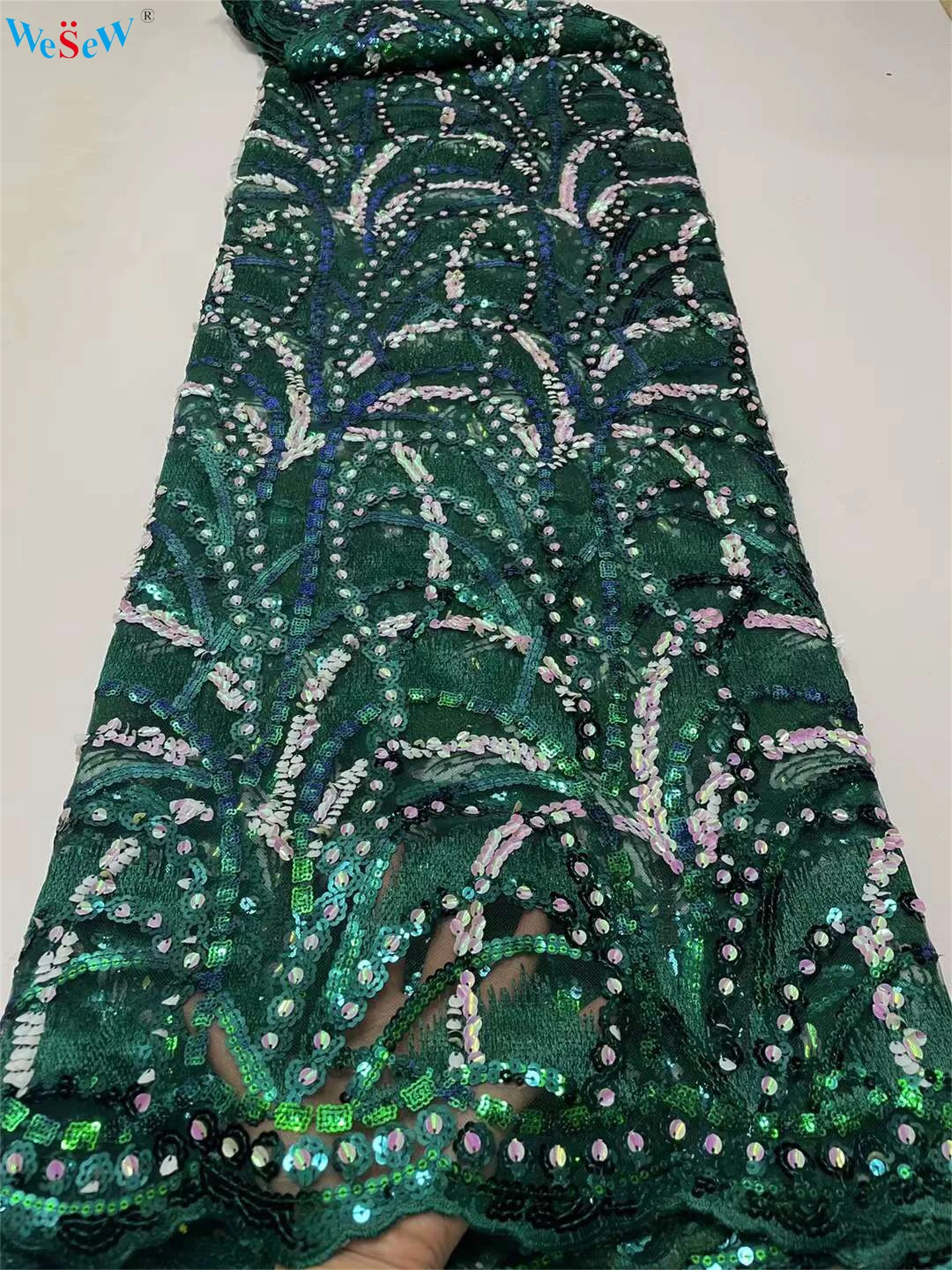 

5 Yard African Net Lace Fabric with Sequins Nice Emerald Green Lace Fabric for Asoebi By the Yard Dress BDPN116