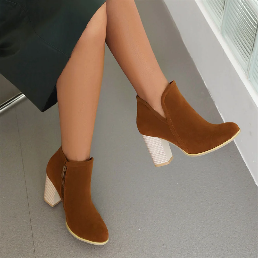 Big Size 34-43 Brand New Ladies Solid Ankle Boots Fashion Zip Chunky High Heels women's Boots Causal Party Office Shoes Woman