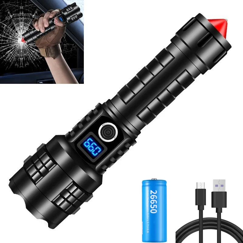 

XHP70 LED Flashlight Telescopic Zoom USB Charging Tactical 26650 Hunting Waterproof 3 Modes Torch with Bottom Attack Cone
