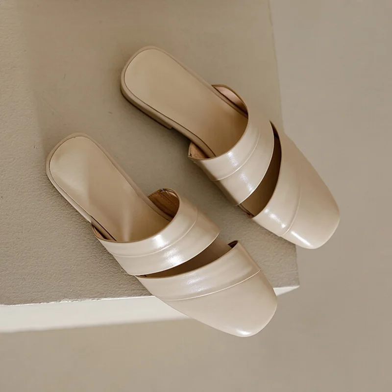 Concise Soft Leatherette Mules Woman Summer Elegant Low Heel Slide Sandals Ladies Twill Hollow Design Outdoor Flat Slipper Shoes