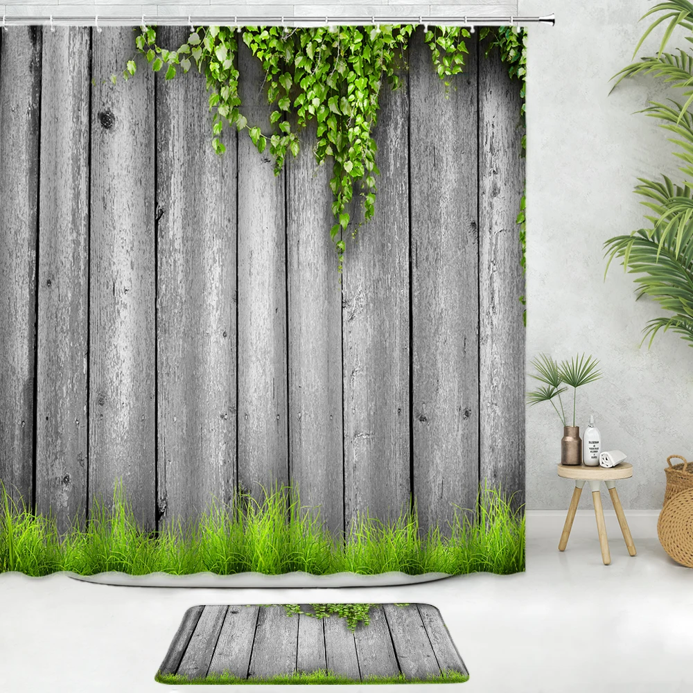 

Street Architecture Flower Wall Scenery Shower Curtains Wood Panel Flowers Plants Vintage Door Non-Slip Bath Mat Bathroom Decor