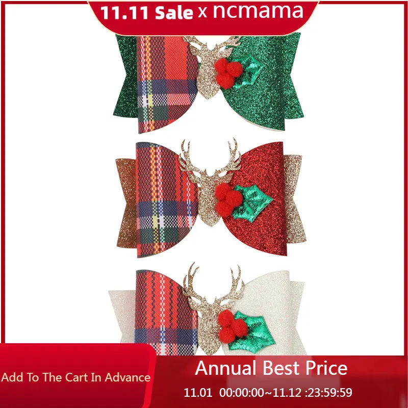 

ncmama 3" Christmas Hair Bow Hair Accessories Hair Clips For Girls Kids Glitter Antlers Swallowtail Hair Bows Christmas Gifts
