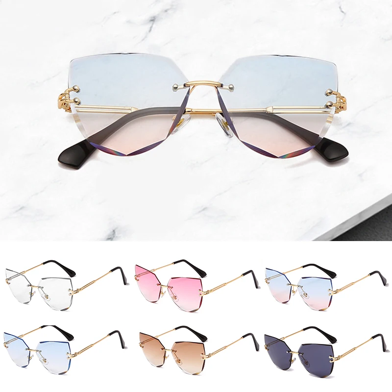 

Retro Rimless Cat Eye Sunglasses Women Metal Gradient Sun Glasses Lady Vintage Designer Cutting Lens Frameless Shades Goggles