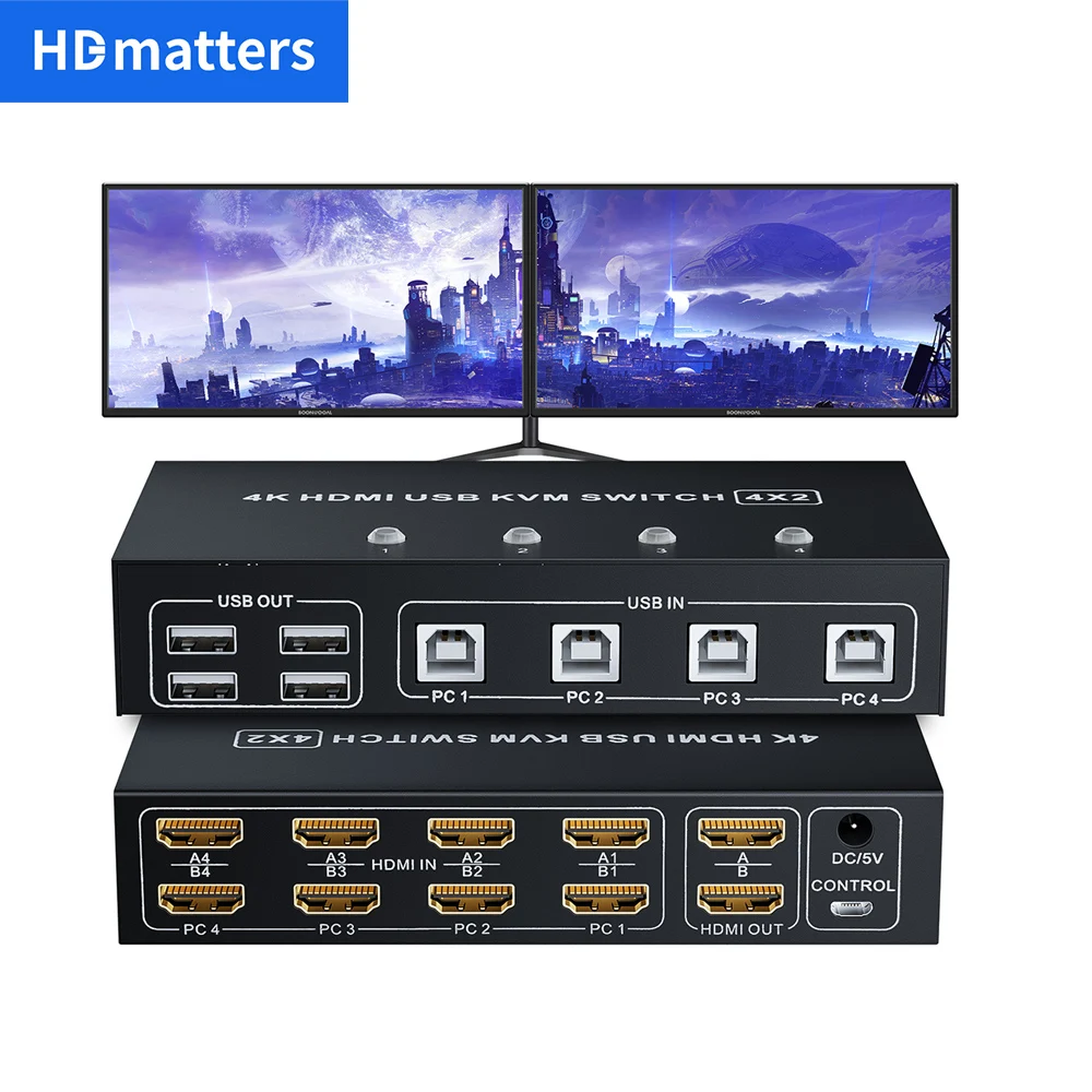 KVM-Консоль HDMI с двумя мониторами 4 порта USB 4K 60 Гц KVM 2 0 переключатель для ПК