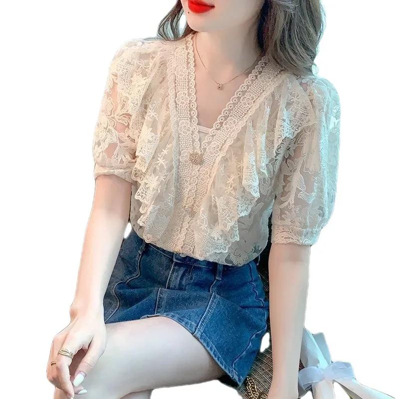 Лето 2023 кружевная блузка во французском корейском стиле топ в светском на