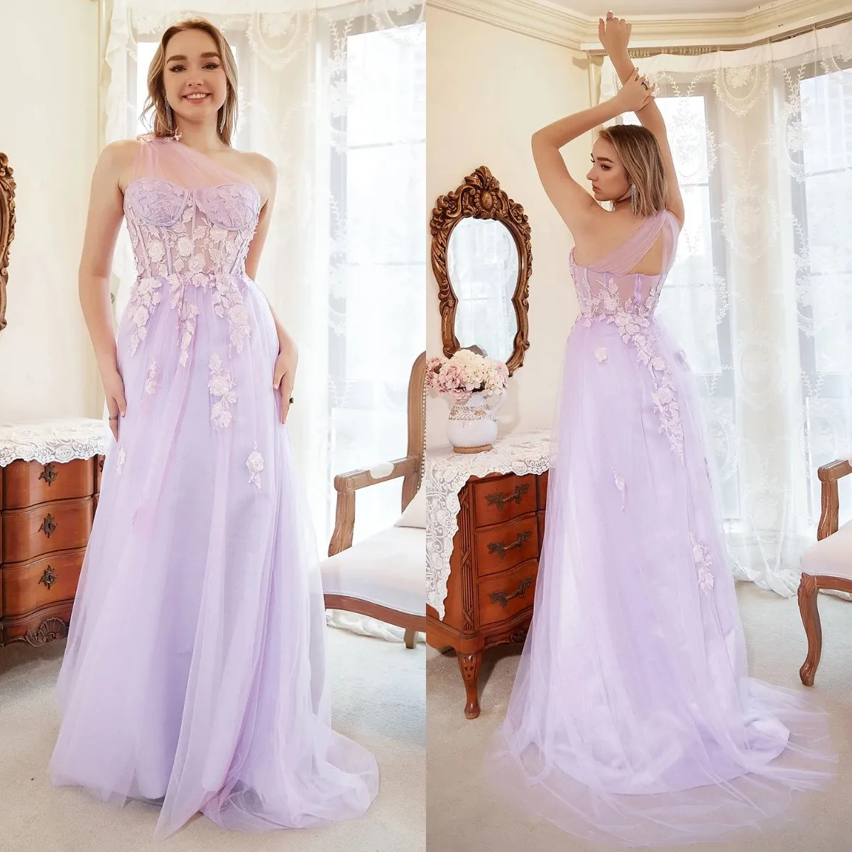 

Lilac Tulle Evening Dresses One Shoulder Sleeveless Appliques Prom Gowns Sexy Floor Length Celibrity Party Women Dresses