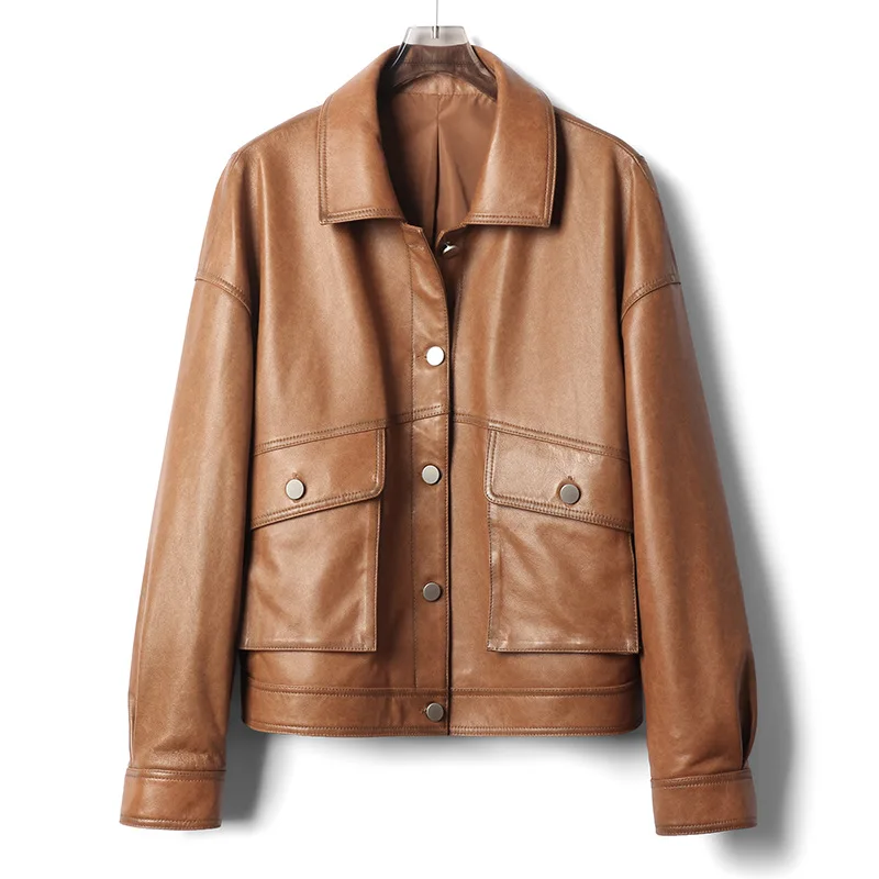 

Женская Байкерская кожаная куртка, мотоциклетная куртка из натуральной овечьей кожи в Корейском стиле, 2022