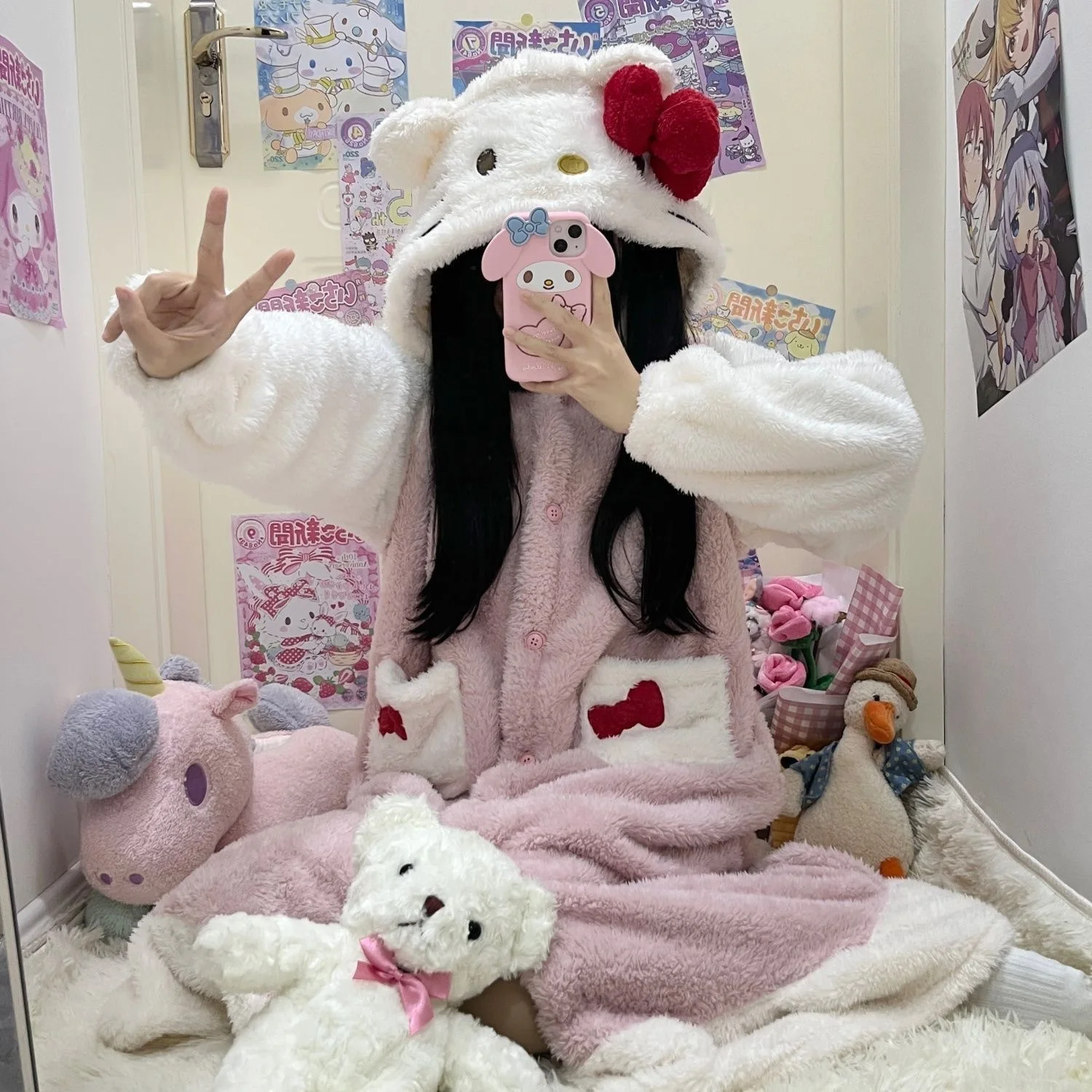 Kawaii Hello Kitty коралловый флисовый пижамный халат костюм Sanrio аниме плюшевая домашняя
