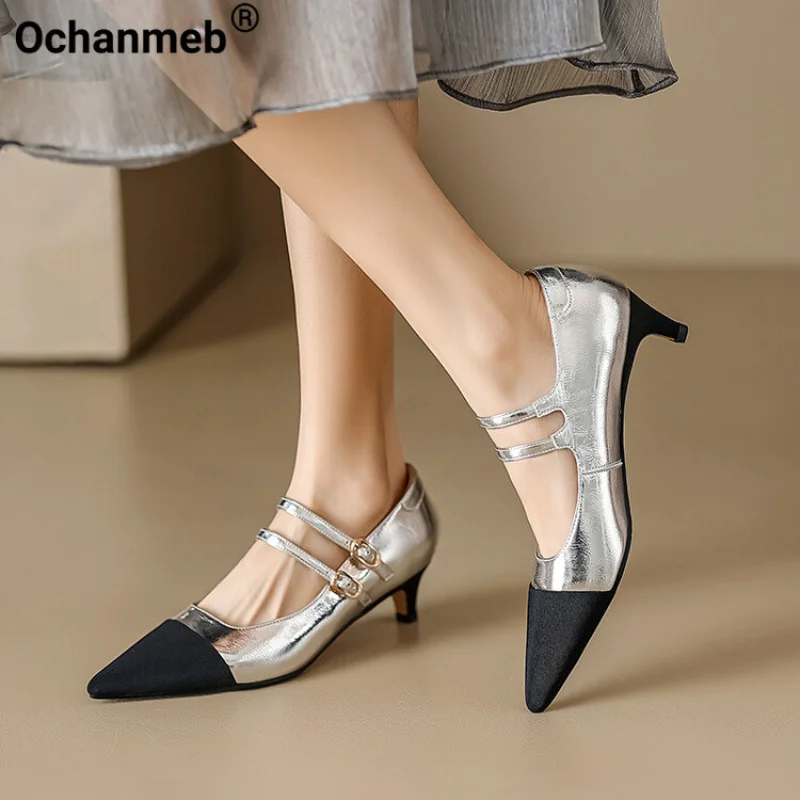 

Женские туфли-лодочки Ochanmeb из натуральной кожи с двойной пряжкой, дизайнерские разноцветные туфли на тонком каблуке, женские туфли-лодочки золотого и серебряного цвета с острым носком