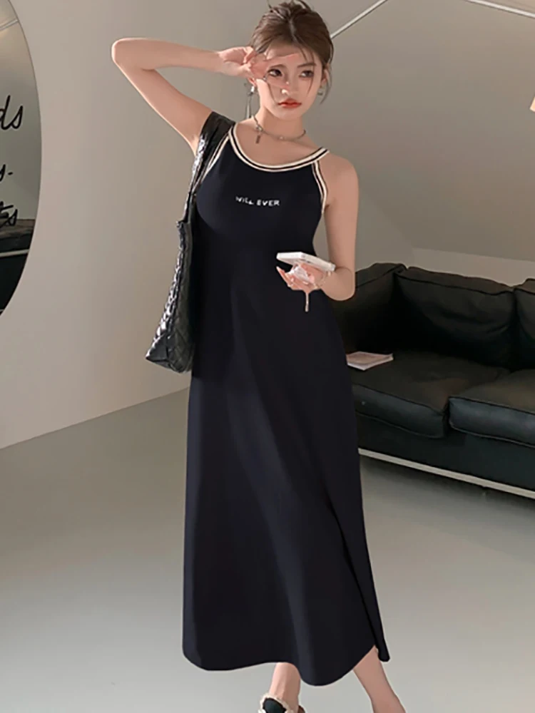 

Женское винтажное платье на бретельках, Элегантное Длинное Черное облегающее платье для отдыха, модель 2023 в Корейском стиле на лето