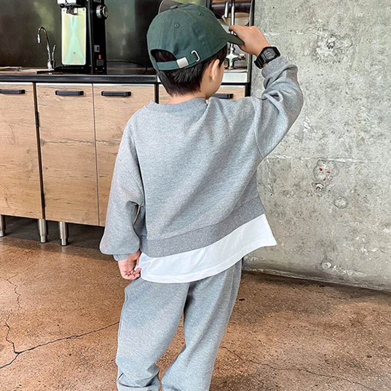 Boys Suit Sweatshirts +Pants Cotton 2Pcs/Sets 2022 Grey Spring Autumn Thicken Teenager Kid Outdoor Plus Size Children Clothing