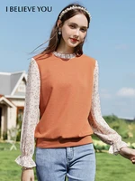 i believe you spring womens sweater oneck chiffon floral patchwork long sleeve knitted shirts ruffles female tops 2221224226