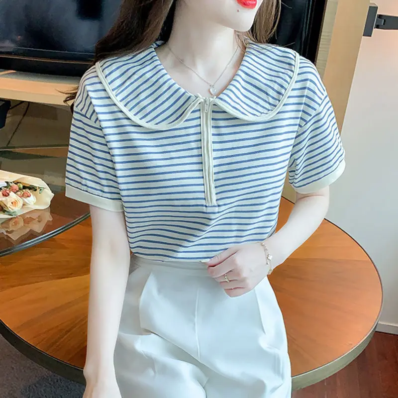 

2022 summer new striped T-shirt women's short-sleeved design doll collar tops puff sleeves sweet small shirts