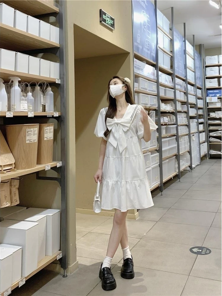 QWEEK Sweet Kawaii School White Dress Women Japanese Preppy Style Sailor  Collar Puff Sleeve Ruffles Dresses korean 2022 Summer | Женская одежда |  АлиЭкспресс