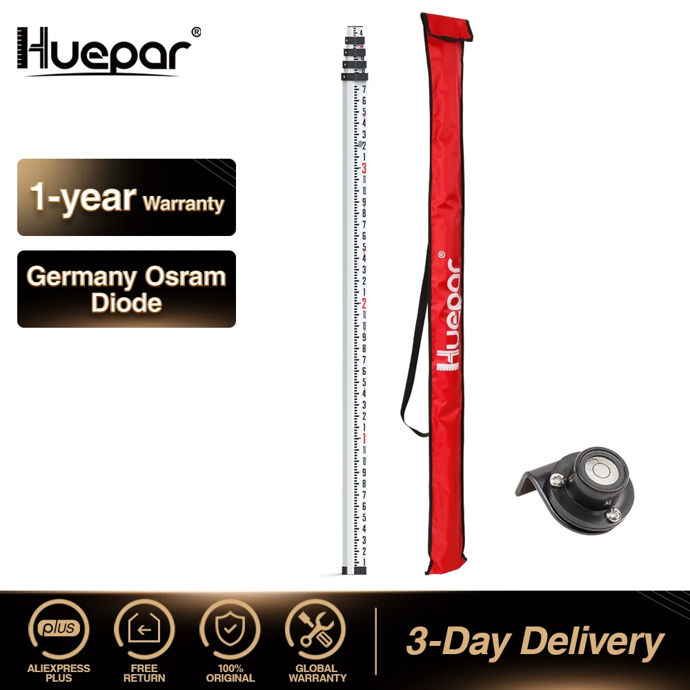 

Huepar 16-Foot Aluminium Grade Rod -8ths 5 Sections Telescopic with Bubble Level- Waterproof Soft Carrying Bag Included GR5