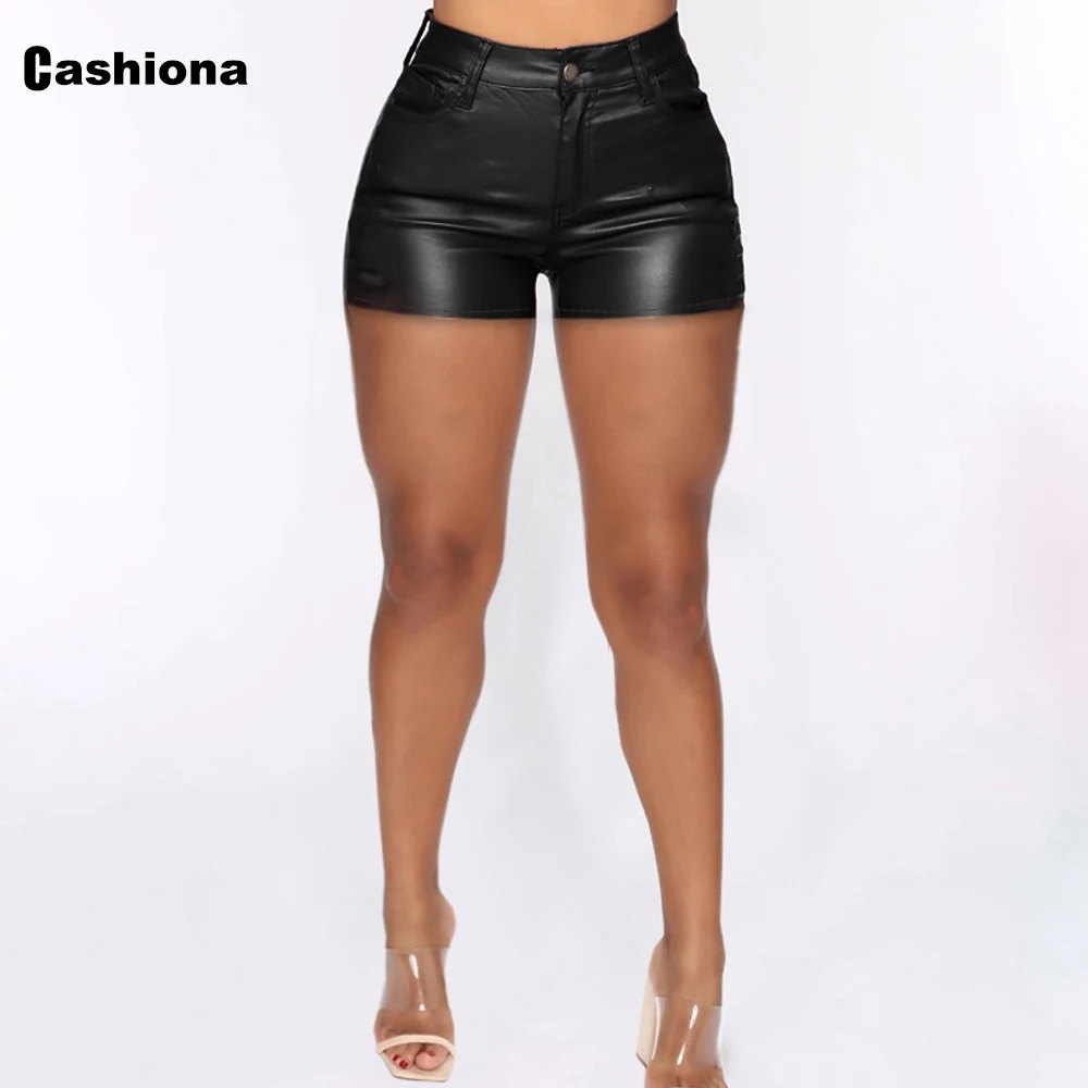 Cashiona Women Fuax Pu Leather Shorts High Cut Women's Button Up Short Bottom Female Leather Ultrashorts Oversized Tide Woman