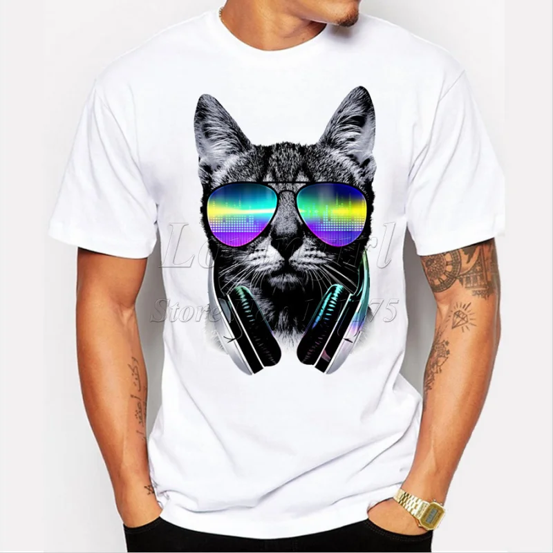

2021 fashion short music DJ cat printed Funny t-shirt men tops