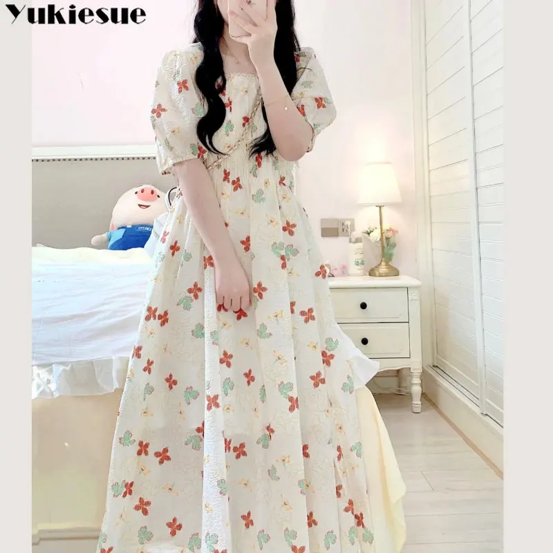 

Summer Korean Fashion Girlish Cozy Puff Sleeve Dresses Women Clothing Print Sweet Temper Aesthetics High Waisted Aestheticism