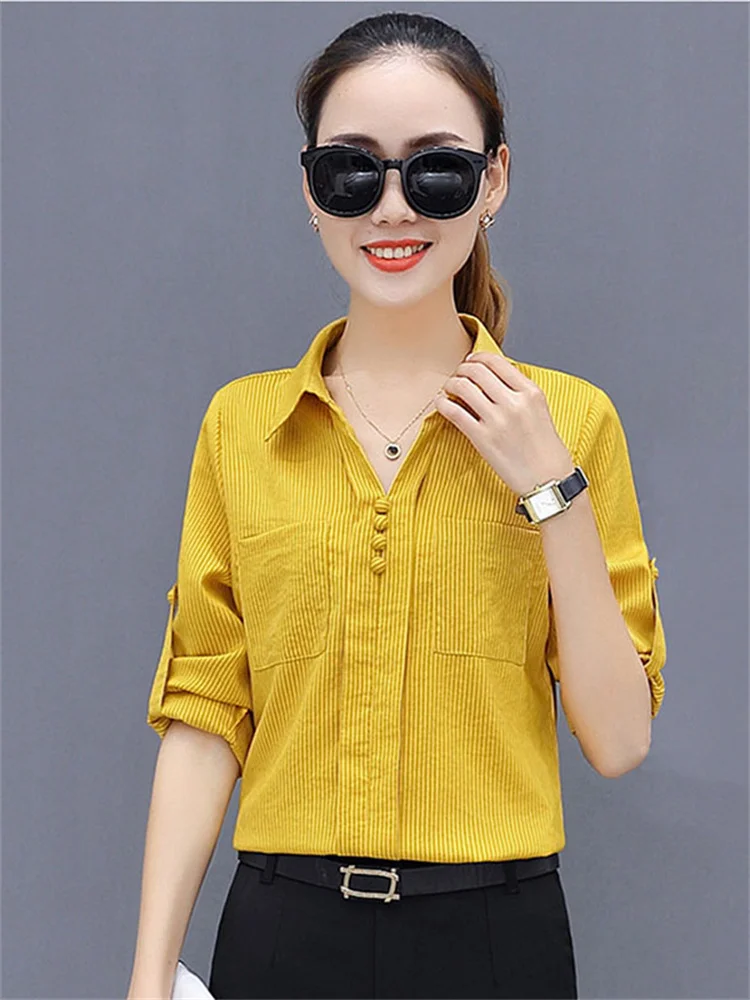 

Office Work Wear OL Women Spring Summer Style Chiffon Blouses Shirts Lady Casual Long Sleeve Striped Blusas Tops DF1884