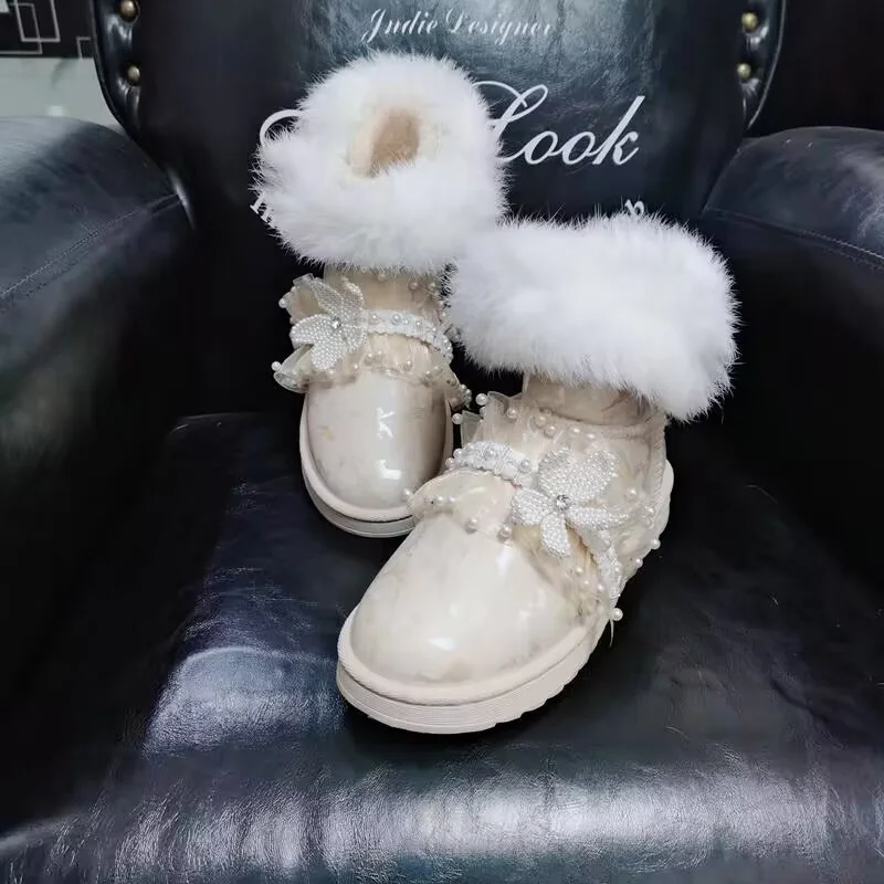 

Зимние ботинки ручной работы с жемчугом, ботильоны ручной работы, зимние женские водонепроницаемые бархатные ботинки, женские ботинки 35-44