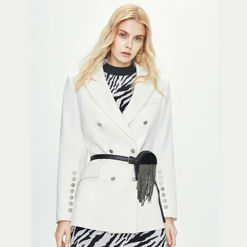 Autumn Winter Women Small Suit European Long Double Breasted Fashion Counter Suit Temperament Jacket