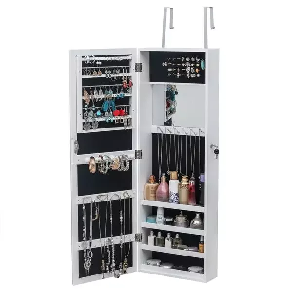 

Full length mirror wooden wall mount 4 shelf endoscope 3 color LED light jewelry storage mirror cabinet - white