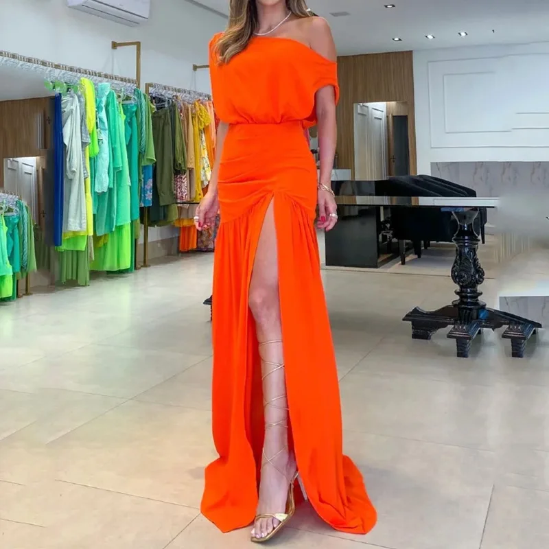 

RDMQ 2023 женское платье макси модное повседневное с однотонной нитью талии тонкие косые плечи плиссированные вечерние платья с разрезом