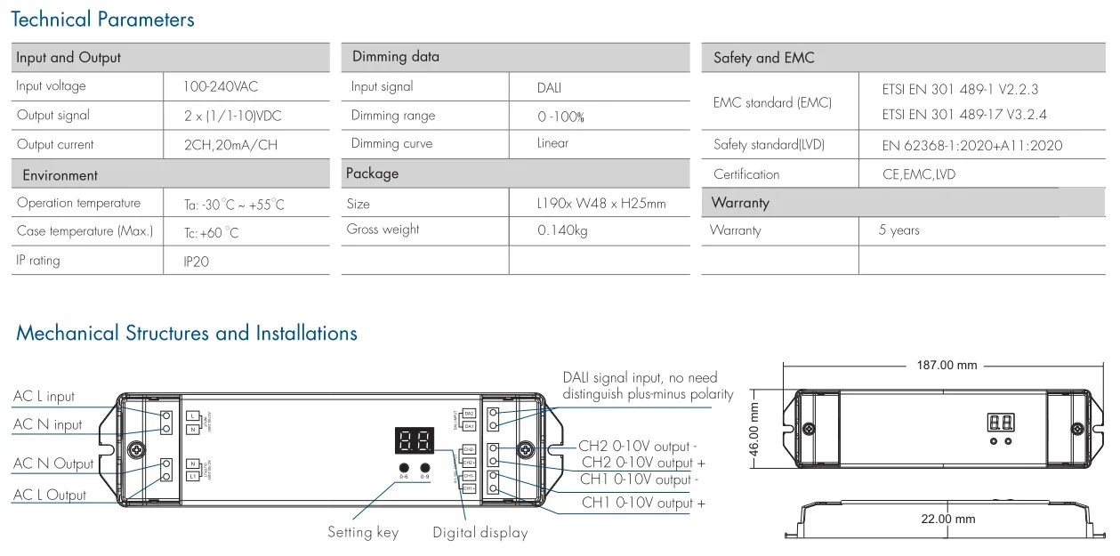 Диммер DALI 0/1-10 в -В переменного тока 2 канала * 20 мА DV с 2-мя деталями входное