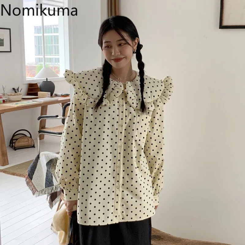 

Блузка Nomikuma женская с оборками, пэчворк, пышный воротник, принт в горошек, свободные блузки, женские корейские преппи милые топы для женщин ...